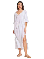 Vitamin A Costa Caftan In White Cotton Crinkle, view 1, click to see full size