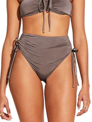 Vitamin A Gemma Ruched High Waist Bottom in Mineral Shimmer EcoLux, view 1, click to see full size