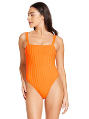 Vitamin A Leah Square Neck One Piece In Tangerine SuperRib, view 1, click to see full size