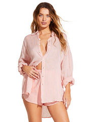 Vitamin A Playa Oversized Linen Shirt In Pink Coral EcoLinen, view 1, click to see full size
