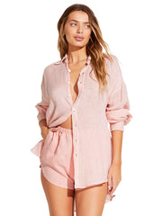 Vitamin A Playa Oversized Linen Shirt In Pink Coral EcoLinen, view 3, click to see full size