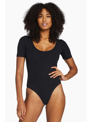 Vitamin A West Bodysuit in Black Organic Rib, view 1, click to see full size